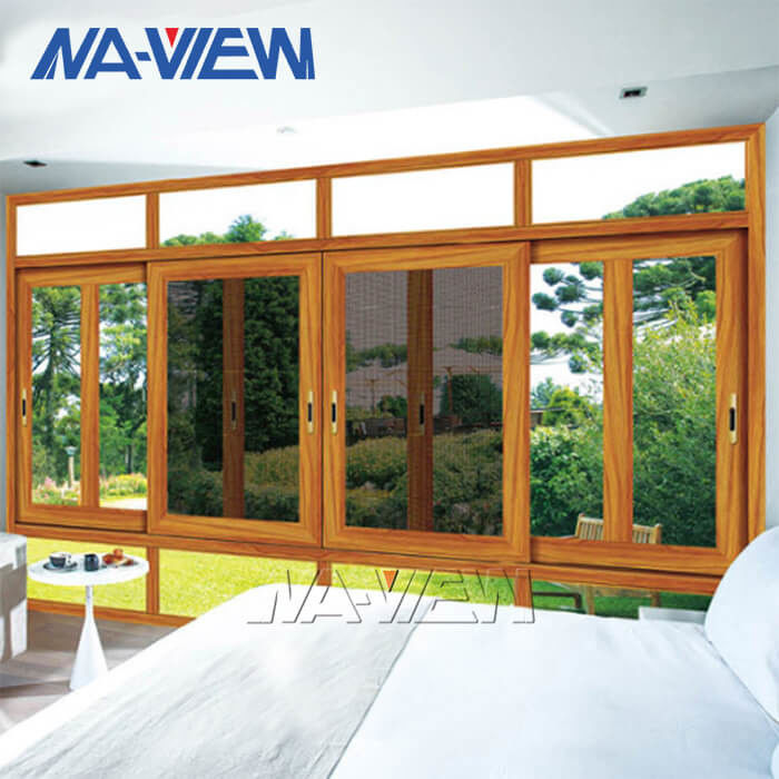 ग्वांगडोंग NAVIEW लकड़ी बनावट एल्यूमीनियम फ्रेम क्षैतिज ग्लास फिसलने खिड़की आपूर्तिकर्ता